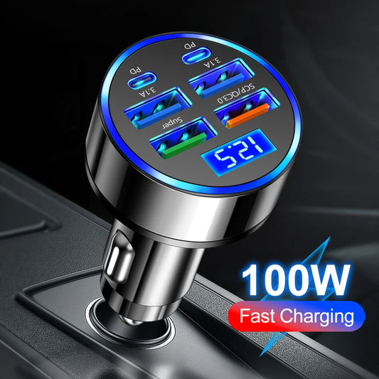 100W 6/8 Ports Car Charger Fast Charging PD QC3.0 USB C Car Phone Charger Type C Adapter in Car For iPhone Samsung Huawei Xiaomi